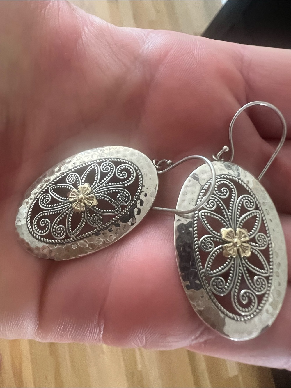 Sterling Silver Oval Filigree Drop Earrings with 14k Gold Accent
